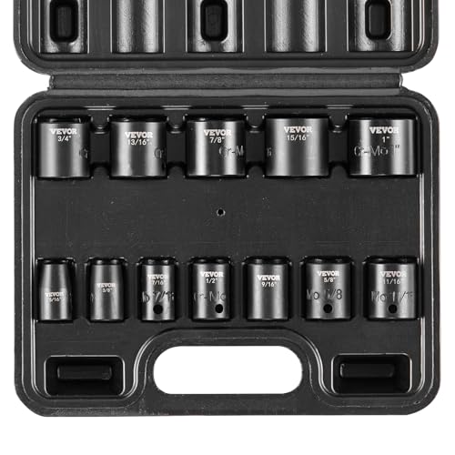 VEVOR 3/8" Drive Impact Socket Set, 12 Piece Shallow Socket Set SAE 5/16"-1", 6 Point Cr-Mo Alloy Steel for Auto Repair, Easy-to-Read Size Markings, Rugged Construction, Includes Storage Case - style: 3/8" 12PCS CR-MO