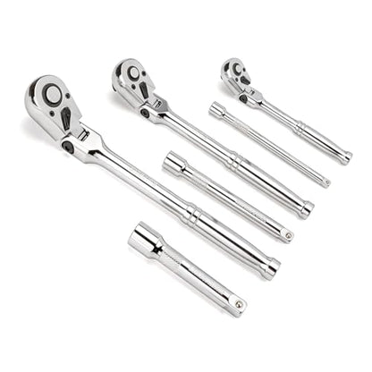 6-Piece Flex Head Ratchet Wrench Set, 1/4", 3/8", 1/2" Drive, 90T Quick-Release Reversible with Extension Bars for Tight Spaces - size: Combo Kit(1/4" & 3/8" & 1/2")