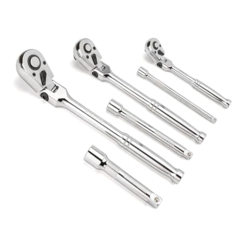6-Piece Flex Head Ratchet Wrench Set, 1/4", 3/8", 1/2" Drive, 90T Quick-Release Reversible with Extension Bars for Tight Spaces - size: Combo Kit(1/4" & 3/8" & 1/2")
