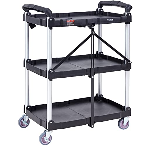 VEVOR Foldable Utility Service Cart, 165LBS 3 Shelf Heavy Duty Plastic Rolling Cart with 360° Swivel Wheels (2 with Brakes), Ergonomic Handle, Portable Garage Tool Cart for Warehouse Office Home - size: 25.62 x15.43 x32.76 inch