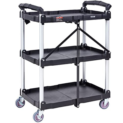 VEVOR Foldable Utility Service Cart, 165LBS 3 Shelf Heavy Duty Plastic Rolling Cart with 360° Swivel Wheels (2 with Brakes), Ergonomic Handle, Portable Garage Tool Cart for Warehouse Office Home - size: 25.62 x15.43 x32.76 inch