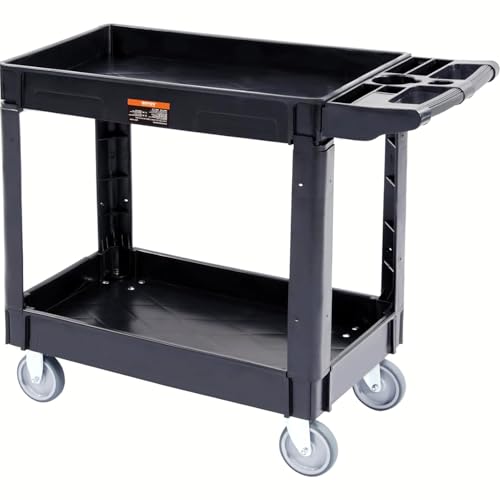VEVOR Utility Service Cart, 2 Shelf 550LBS Heavy Duty Plastic Rolling Utility Cart, Medium Lipped Shelf, 360° Swivel Wheels, Ergonomic Storage Handle for Warehouse Garage, Black | Heavy Duty Rolling Cart with 360° Swivel Wheels, Medium Lipped Shelf, Ergon