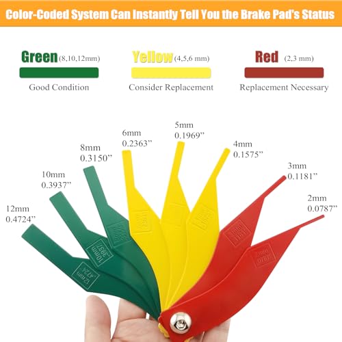 Tire Tread Depth Gauge&Brake Lining Gauge Set- Dial Tire Depth Tool (1/32" Readings) + 8-Piece Color-Coded Brake Pad Thickness Gauge Set for Cars (SAE & Metric, Steel, Disc & Drum Brake Compatible)