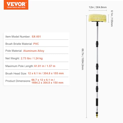 VEVOR Car Wash Brush, 66.7-Inch Extendable Car Washing Brush with Long Handle, 12" Scratch-Free Soft PVC Bristle Head, Flow-Thru Car Cleaning Mop Kit with Water Hose Attachment for Car RV Boat - style: Soft PVC Bristle head