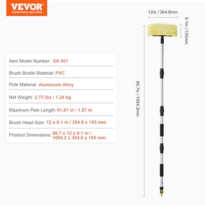 VEVOR Car Wash Brush, 66.7-Inch Extendable Car Washing Brush with Long Handle, 12" Scratch-Free Soft PVC Bristle Head, Flow-Thru Car Cleaning Mop Kit with Water Hose Attachment for Car RV Boat - style: Soft PVC Bristle head