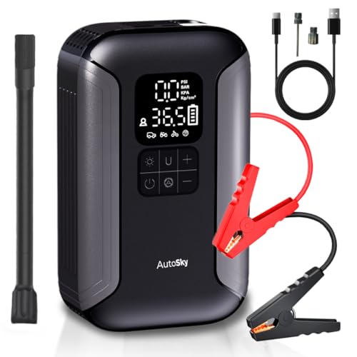 AUTOSKY 2-in-1 Jump Starter with Air Compressor – Starts Up to 6.0L Gas and 3.0L Diesel Engines – Portable Tire Inflator, LED Flashlight & Power Bank – Emergency Car Tool for SUV, Truck, Motorcycle