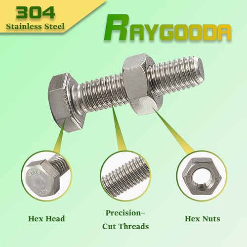 M8-1.25x80mm Hex Bolt and Nut Kit 8set, 304 Stainless Steel (A2-70), Full Thread, Bright Finish, Machine Threaded for Automotive, Machinery, DIY - size: M8x80mm(8 Sets）