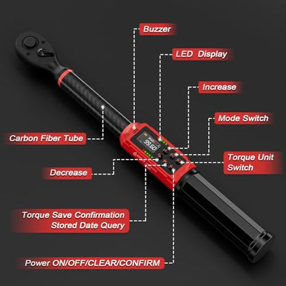 ANPUDS Digital Torque Wrench 3/8 Drive, Carbon Fiber Tube, 1.5-99.6Ft.lb/2-135Nm, ±1% Accuracy, Electric Torque Wrench Set with 3/8" to 1/2" Adapter, 125mm Extension Bar for Bike & Motorcycle - size: 1.5-99.6 ft-lb / 2-135 Nm, style: 3/8-Inch