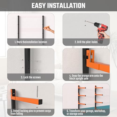 Lumber Storage Rack, Snap-Fit Connection Lumber Rack Wall Mount, Heavy Duty Metal 8 Level-32 Inch Wood Storage Rack - color: Orange - 8 Tier (Snap-Fit)