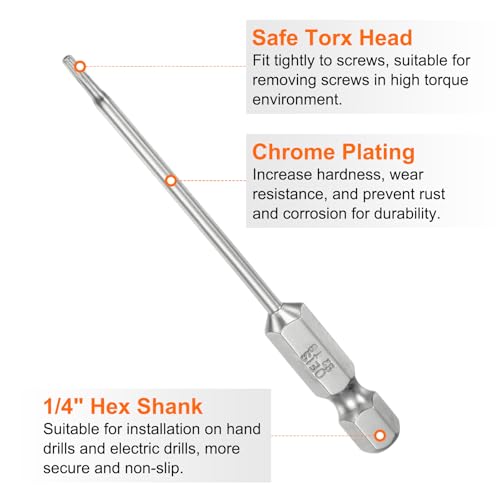 HARFINGTON 2pcs T6 Security Torx Bit 1/4" Hex Shank 3" Long S2 Steel Magnetic Tamper Resistant Star Bits Screwdriver Torx Head with Hole for Driver Drill Bits Remove Fastening Screws - size: T6
