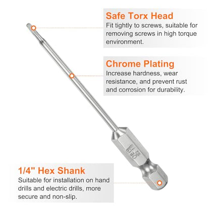 HARFINGTON 2pcs T6 Security Torx Bit 1/4" Hex Shank 3" Long S2 Steel Magnetic Tamper Resistant Star Bits Screwdriver Torx Head with Hole for Driver Drill Bits Remove Fastening Screws - size: T6