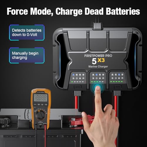 3 Bank Marine Battery Charger 5X3, 15A (5A/Bank) - 15A Onboard Charger, 12V Waterproof Boat Battery Charger, Battery Maintainer for SLA/AGM, Lithium, Calcium - Charged 24/7
