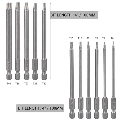 YDLQWCZ Torx Bit Set 11 Piece 4 Inch long Security Tamper Proof Star Bit Set S2 Steel 1/4" Hex Shank T6-T40 Magnetic Impact Driver Drill Bits - size: 4 In.