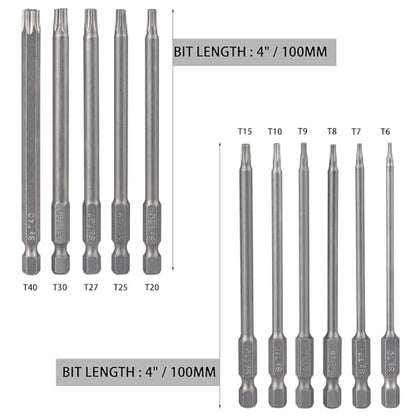 YDLQWCZ Torx Bit Set 11 Piece 4 Inch long Security Tamper Proof Star Bit Set S2 Steel 1/4" Hex Shank T6-T40 Magnetic Impact Driver Drill Bits - size: 4 In.