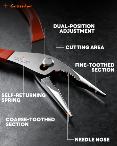 Crosstar 9-Inch Long Nose Slip Joint Pliers, CR-V Steel Needle Nose Pliers with 2-Position Adjustable Jaw, Self-Returning Spring & 2-Zone Serrated Jaw for Clamping, Tightening and Loosening
