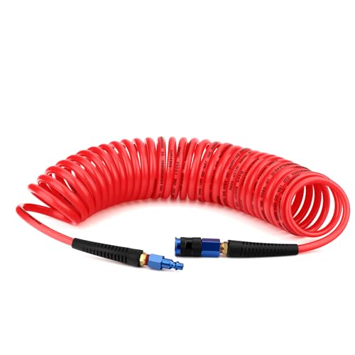 1/4" x 25 ft Reinforced Polyurethane Air Hose with Bend Restrictor, Includes 1/4" Industrial Quick Coupler & I/M Plug Kit, for Air Compressors, Red - color: Red, size: 1/4" x 25 ft