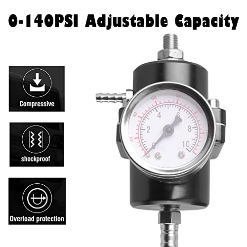 BARTOO Universal Adjustable Fuel Pressure Regulator Kit, Aluminum Fuel Regulator,Adjustable Gas Oil Injection Pressure Regulator with 0-140 PSI Gauge -Black - color: Black