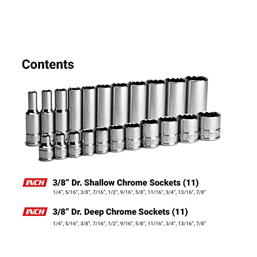 Capri Tools 3/8 in. Drive 12-Point Shallow and Deep Socket Set, SAE, 1/4 to 7/8 in., 22-Piece with Billet Aluminum Socket Rail - size: Shallow and Deep Set w. Rail / 1/4-7/8 in.