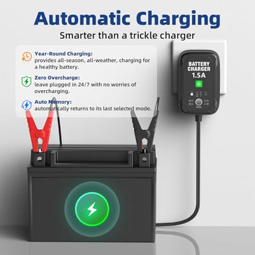 1.5A 6V/12V Car Battery Charger – Automatic Trickle Charger, Battery Maintainer & Desulfator with Overcharge Protection & Temperature Compensation – For Lead Acid, AGM, Gel, Lithium(LiFePO4) Batteries - size: 1.5A