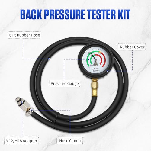 Exhaust Back Pressure Tester Kit for Automotive Diagnostics | 2.5 inch dial gauge; PSI & Bar dual units; M12/M18 adapters included; 6FT heat-resistant hose