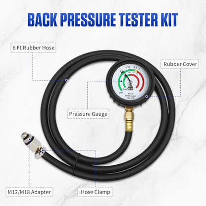 Exhaust Back Pressure Tester Kit for Automotive Diagnostics | 2.5 inch dial gauge; PSI & Bar dual units; M12/M18 adapters included; 6FT heat-resistant hose