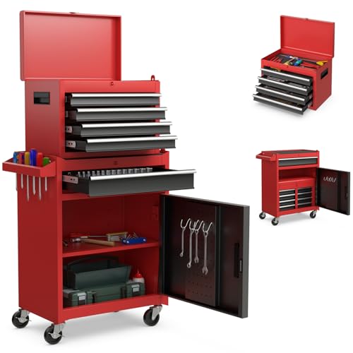 Goplus Tool Chest, 5 Drawers Rolling Tool Cabinet with Detachable Top Toolbox, Universal Lockable Wheels, Lock Bar, Protective Liner & Tool Rack, Metal Tool Storage Cart, Tool Box for Garage Workshop - color: Red + Black, style: 5-Drawers