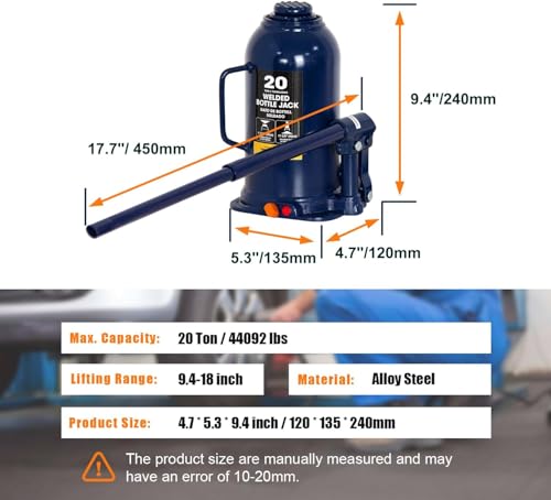 20 Ton Hydraulic Bottle Jack, 40,000 LBS Heavy Duty Welded Steel Auto Lift Jack with Adjustable Height, Overload Protection, Leak-Free Pump, for Truck, RV, Industrial and Garage Use, Blue - color: Yellow