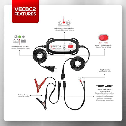 Vector VECBC2 2 Amp Battery Charger/Maintainer with 6V/12V Selector - size: 2 Amp