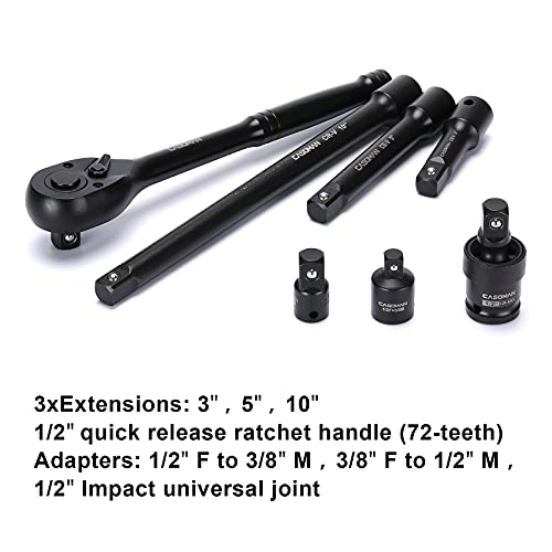 CASOMAN 1/2-inch 70 Pieces Impact Socket Master Set, SAE & Metric from 5/16"-1-1/4",8-24mm, Shallow/Deep Socket with Ratched Hand, Extension Bar and Adapters - size: 1/2"Drive 70pcs Impact Master Socket Set