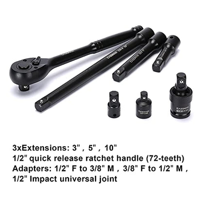 CASOMAN 1/2-inch 70 Pieces Impact Socket Master Set, SAE & Metric from 5/16"-1-1/4",8-24mm, Shallow/Deep Socket with Ratched Hand, Extension Bar and Adapters - size: 1/2"Drive 70pcs Impact Master Socket Set