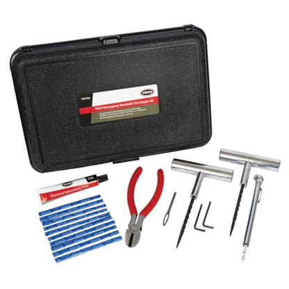TECH Permacure Emergency Roadside Tire Repair Kit - Roadside Ready Plug Set with Vulcanizing Fluid, Natural Rubber Plugs, Installation Tools, Gauge, Reamer and Portable Case for Tire Emergencies