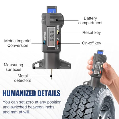 Digital Tire Tread Depth Gauge, Portable 0.01mm Resolution Vehicle Tire Wear Checker with LCD Display & Inch/MM Conversion, Universal Auto Measuring Tool for Car Truck Tires (Black) - color: Black