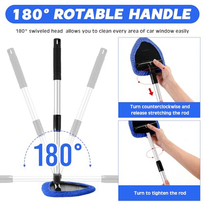 Baderke 10 Pcs Windshield Cleaner Tool Car Window Cleaning Supplies with Extendable Handle Include 6 Washable Microfiber Bonnets 2 Empty 60ml Spray Bottle Glass Wiper Kit(Royal Blue) - color: Royal Blue