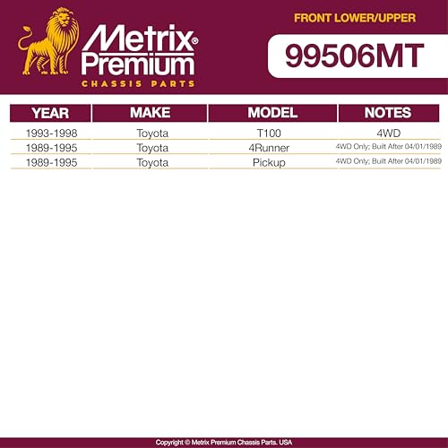 Metrix Premium Chassis Parts - 4 PC Front Lower & Upper Ball Joint Kit Fits 1993-1998 Toyota T100 4WD, 1989-1995 Toyota 4Runner, 1989-1995 Toyota Pickup 4WD, Replacement K9482, K9519, Made in Europe