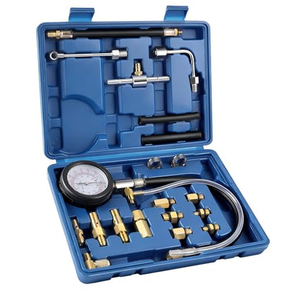 Fuel Pressure Tester Kit 0–140 PSI, Fuel Injection Pressure Tester & Fuel System Pressure Gauge Kit with Hoses and Adapters for Gasoline Cars Trucks Motorcycles（Blue）