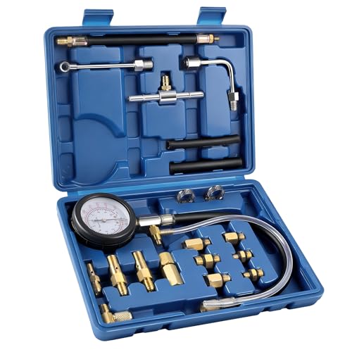 Fuel Pressure Tester Kit 0–140 PSI, Fuel Injection Pressure Tester & Fuel System Pressure Gauge Kit with Hoses and Adapters for Gasoline Cars Trucks Motorcycles（Blue）