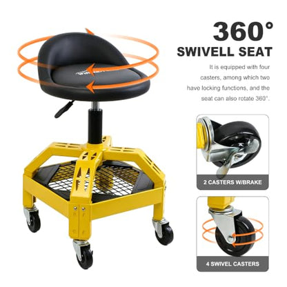 Rolling Garage Stool, 300LBS Capacity, Adjustable Height from 24 in to 28.7 in, Mechanic Seat with 360-degree Swivel Wheels and Tool Tray, for Workshop, Auto Repair Shop, Adjustable Shop Stool