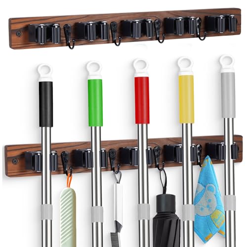 FunCee 2 PACK Broom Holder Wall Mount With 5 Slots & 4 Hooks，Rustic Wood Broom & Mop Hanger，Wall Mounted Garden & Garage Tool Storage Organizer Rack for Closet Laundry Room or Kitchen Wall Decor - color: 2 Pack Brown