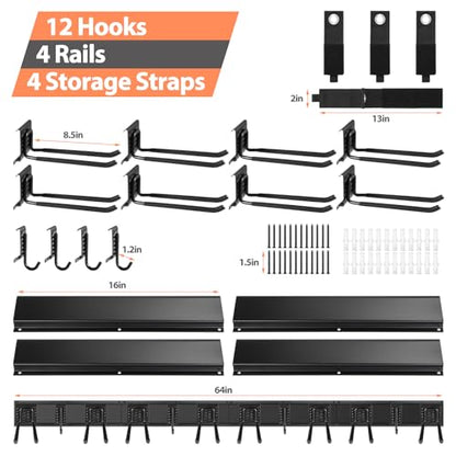 Garage Organizer - 64 Inch Wall Mount Tool Storage, 20PCs Heavy Duty Garden Tool Organizer with Adjustable Hooks, Max 900 lbs