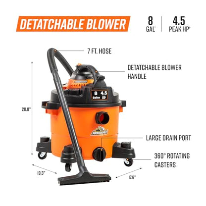 Armor All VBV809 0901 8-Gallon 4.5 Peak HP Wet/Dry Vacuum with Detachable Blower, Orange - size: 8-Gallon