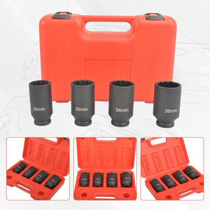 SSN 1/2 Inch Impact Socket Set Heavy Duty Drive Impact Socket Set 12 Point Metric 30mm 32mm 34mm 36mm Axle Nut Socket Set with Portable Case (4PCS) - color: 30-36mm(4pcs)