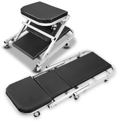 Foldable Creeper, 2-in-1 Rolling Garage Z Creeper Car & Seat, 40" Roller Mechanics Under Car Chair, 330 LBS Weight Capacity Heavy Duty, Silver/Black - color: Silver/Black, size: 40 Inch Length