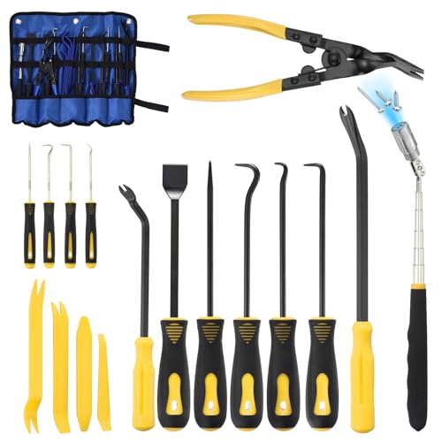 17Pcs Hook and Pick, Rotary Head Magnetic Pickup Tool Clip Pliers Plastic Pry Pieces Large Small Hook Pry Bar Gasket Scraper for Remove Hoses Gaskets Car Panel Fastener, Yellow - color: Yellow