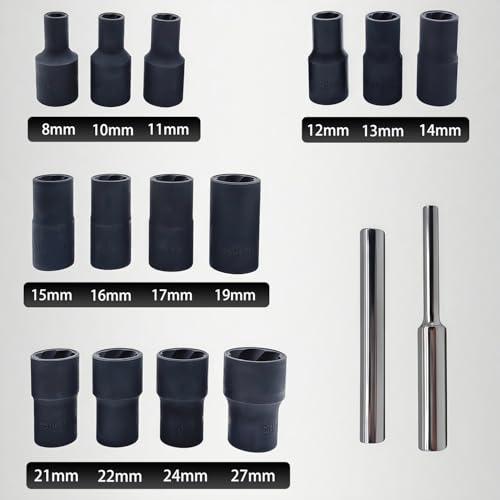 16PCS Twist Lug Nut Socket Set, 1/2" Drive Bolt Nut Extractor Tool | Metric, 8mm - 27mm Sockets, Center Punch Bar, Damaged Nut Lock Remover, Rusted, Stripped, Screws, Stuck Locking Nut Removal - color: 16pcs Lug Nut Extractor 1/2 Inch Drive