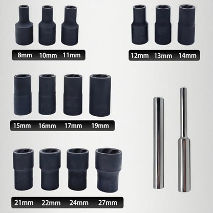 16PCS Twist Lug Nut Socket Set, 1/2" Drive Bolt Nut Extractor Tool | Metric, 8mm - 27mm Sockets, Center Punch Bar, Damaged Nut Lock Remover, Rusted, Stripped, Screws, Stuck Locking Nut Removal - color: 16pcs Lug Nut Extractor 1/2 Inch Drive