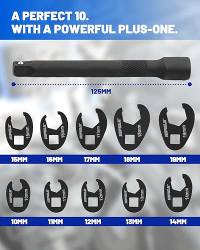Crows Foot Wrench Set, 11 PCS Crowfoot Wrench Set for 3/8" Drive with Extension Bar, Flare Nut Wrenches Set Metric Size 10-19mm Zippered Bag for Automotive, Plumbing & Industrial Use - style: Metric SET