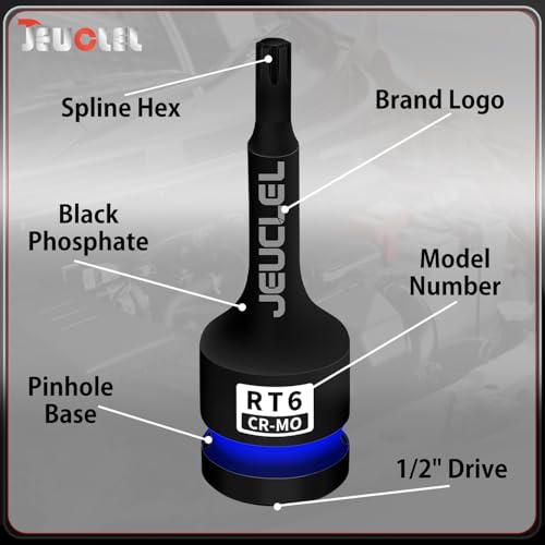 RT6 Spline Bit Socket, 1/2" Drive Spline Hex 6 Point Impact Socket | 3-Inch, Cr-Mo Steel, Lengthen Screwdriver Adapter for Electric Ratchet Wrenches, Fastening Screws, Socket Wrench, Head Drill - size: RT6