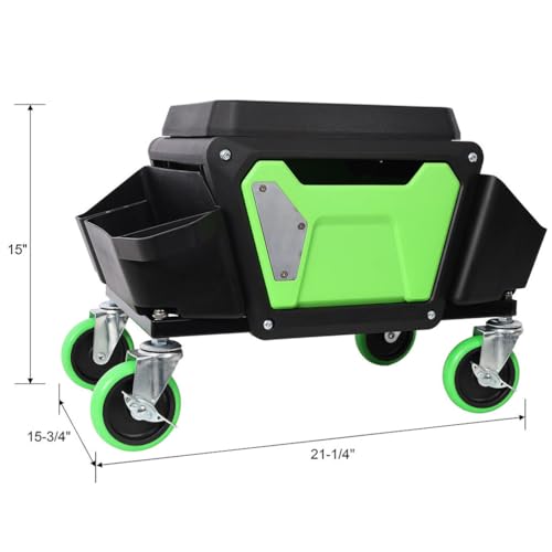 Rolling Mechanic Stool with Drawer and Tool Trays, Heavy Duty Garage Creeper Seat with Wheels, 330 lbs Capacity Workshop Rolling Work Seat, Padded Mechanics Stool for Auto Repair, Garage & Workshop