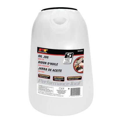 Performance Tool W4046 5 Qt. Oil Jug w/Lid - Measurement Markings, Pouring Handle, Flexible Spout, Spill-Free Oil Transfer, White