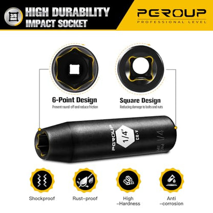3/8” Drive Deep Impact Socket, SAE(1/4 Inch socket), 6-Point, Cr-V Steel With Black Manganese Phosphate Coating - size: 1/4-inch